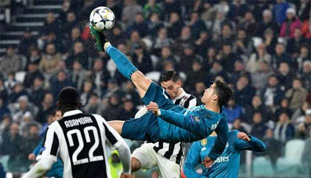 Cristiano Ronaldo scores during the UEFA Champions League quarter-final first leg match between Juventus and Real Madrid at the Allianz Stadium in Turin on Tuesday.