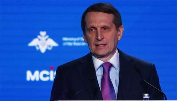 Sergei Naryshkin, head of Russiau2019s foreign intelligence agency, delivers a speech at the annual Moscow Conference on International Security in Moscow on Wednesday.