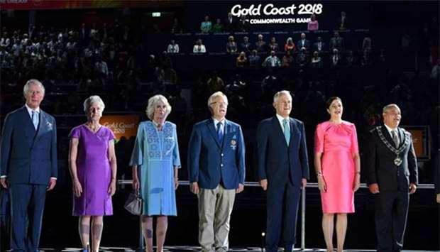 Britain\'s Prince Charles, Commonwealth Games Federation President Louise Martin, Camilla, the Duchess of Cornwall, 2018 Gold Coast Commonwealth Games Organising Committee Chairman Peter Beattie, Australia\'s Prime Minister Malcolm Turnbull, Queensland\'s Premier Annastacia Palaszczuk and Gold Coast\'s Mayor Tom Tate attend the opening ceremony of the 2018 Gold Coast Commonwealth Games at the Carrara Stadium on Wednesday.