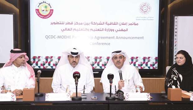 (From right) QCDCu2019s Career Programmes and Services senior officer Effrosyni Parampota, QCDC director Abdulla al-Mansoori, Ministry of Education and Higher Educationu2019s public relations department director Hassan al-Muhammadi, and Ministry of Education and Higher Educationu2019s Department of Educational Guidance academic guidance expert Ahmed al-Balam during the partnership agreement announcement yesterday at QNCC. PICTURE: Shaji Kayamkulam
