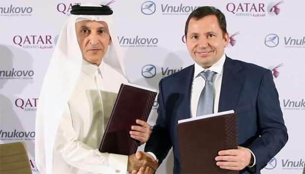 Akbar al-Baker with Vitaly Vantsev following the signing of the MoU between Qatar Airways Group and Vnukovo International Airport at the Oryx Rotana Hotel