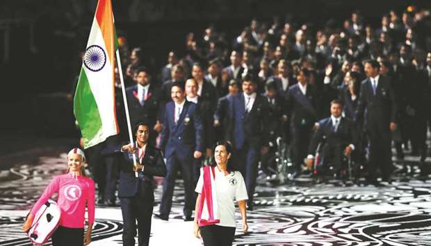 Indian shuttler PV Sindhu leads the delegation during the opening ceremony of the 2018 Commonwealth Games in Gold Coast, Australia, yesterday. (AFP)