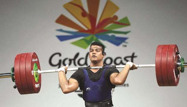 Indiau2019s Venkat Rahul Ragala in action during the menu2019s 85kg final weightlifting event at the 2018 Commonwealth Games in Gold Coast, Australia, yesterday. (Reuters)