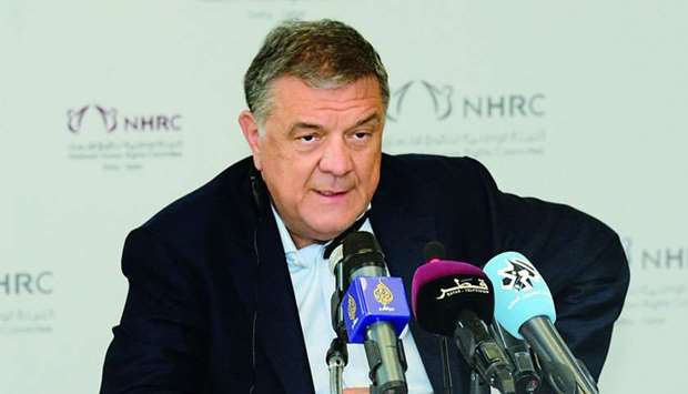 Chair of the Human Rights Committee of the European Parliament Antonio Panzeri addressing a press conference in Doha.