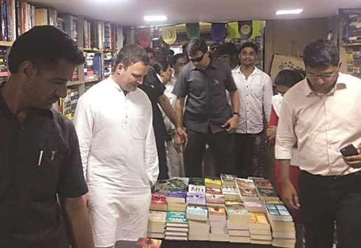Congress president Rahul Gandhi visits a book store in Bengaluru yesterday.