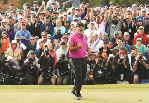 Patrick Reed of the US celebrates winning the 2018 Masters tournament at the Augusta National Golf Club in Augusta, Georgia.