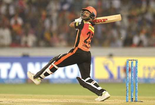 Sunrisers Hyderabad opener Shikhar Dhawan in action during the 2018 Indian Premier League match against Rajasthan Royals at the Rajiv Gandhi International Cricket Stadium in Hyderabad yesterday. (AFP)