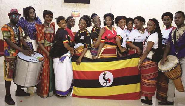 RICH CULTURE: A group of performers after a Ugandan cultural show.