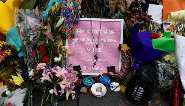 A flower tribute is seen outside Al Noor mosque where more than 40 people were killed by a suspected white supremacist during Friday prayers on March 15, in Christchurch, March 27, 2019