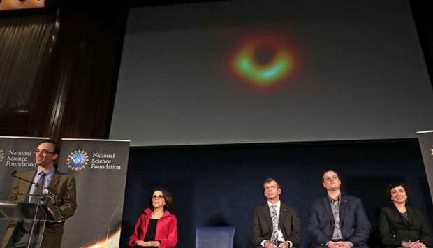 (L-R) Event Horizon Telescope Director Sheperd Doeleman, National Science Foundation Director France Cordova, University of Arizona Associate Professor of Astronomy Dan Marrone, University of Waterloo Associate Professor Avery Broderick and University of Amsterdam Professor of Theoretical High Energy Astrophysics Sera Markoff reveal the first photograph of a black hole during a news conference organized at the National Press Club in Washington