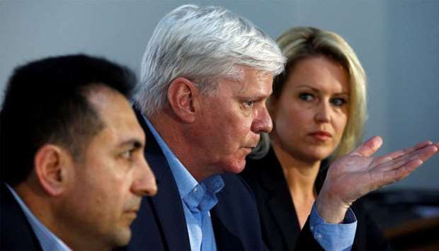 Former Consul of Ecuador to London Fidel Narvaez, WikiLeaks editor in chief Kristinn Hrafnsson and barrister Jennifer Robinson hold a news conference relating to WikiLeaks founder Julian Assange in London, Britain