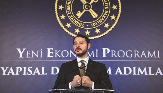 Turkish Treasury and Finance Minister Berat Albayrak addresses a press conference to announce his new economic policy and reforms in Istanbul yesterday.
