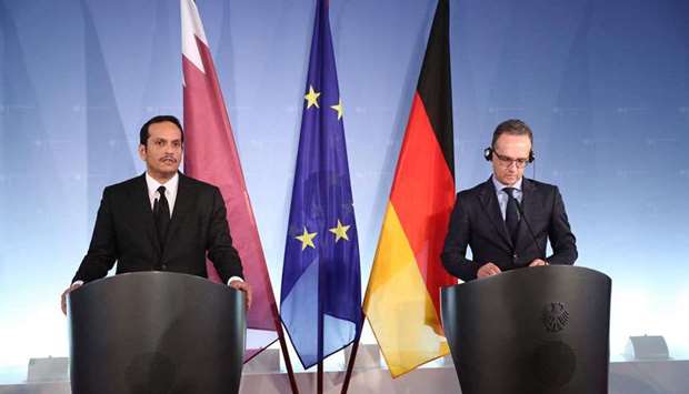 Sheikh Mohamed bin Abdulrahman al-Thani and German Foreign Minister Heiko Maas address a press conference in Berlin on Thursday