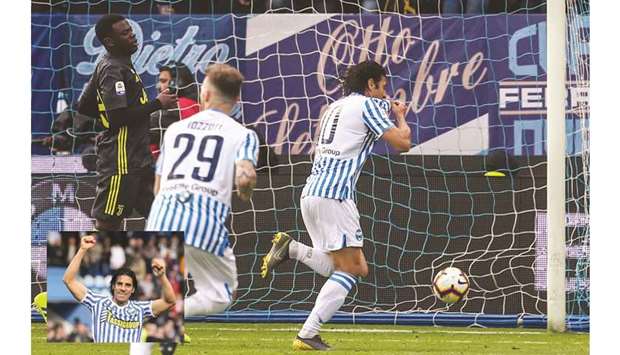 SPALu2019s Sergio Floccari (right, also inset) celebrates after scoring during the Serie A match against Juventus in Ferrara, Italy, yesterday. (AFP)
