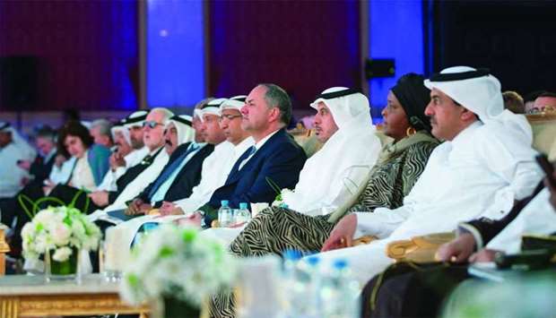 HE the Prime Minister and Interior Minister Sheikh Abdullah bin Nasser bin Khalifa al-Thani and other dignitaries at the opening ceremony of the NHRC international conference on Sunday.