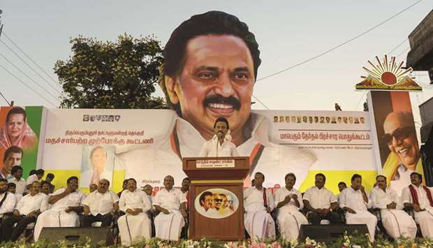 Dravida Munnetra Kazhagam (DMK) party president M K Stalin speaks during an election rally in Sriperumbudur in Tamil Nadu yesterday.