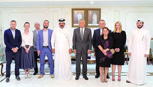Qatar Chamber first vice-chairman Mohamed bin Towar al-Kuwari receiving a delegation of journalists and bloggers from Balkan states, Serbia, Bulgaria, and Greece in the presence of Qatari-Bulgarian Business Council head Peter Michalos.