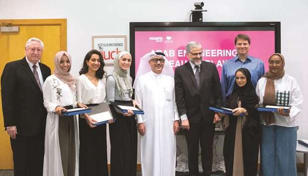 The winners of the AEB Awards with AEBu2019s Group CEO and chief architect Ibrahim Mohamed Jaidah, VCUarts Qataru2019s executive dean Donald N Baker and other officials.
