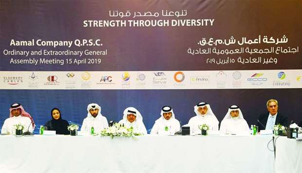 HE Sheikh Faisal presiding over Aamal's annual general meeting held on Monday at the Shangri-La Hotel Doha. PICTURE: Jayaram