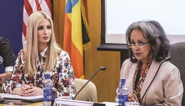 US Senior White House adviser Ivanka Trump, left, and Ethiopiau2019s President Sahle-Work Zewde attend a meeting as part of the African Womenu2019s Empowerment Dialogue in the Ethiopian capital Addis Ababa yesterday.