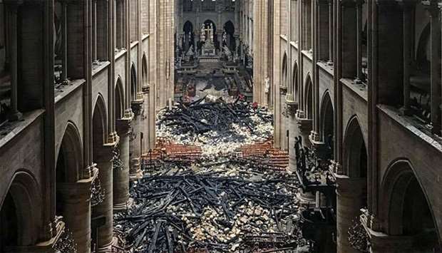 An interior view of the Notre-Dame Cathedral in Paris in the aftermath of a fire that devastated the cathedral