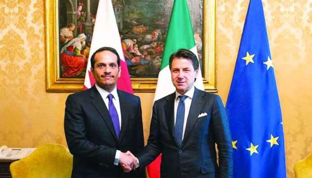 HE the Deputy Prime Minister and Minister of Foreign Affairs Sheikh Mohamed bin Abdulrahman al-Thani with the Italian Prime Minister Giuseppe Conti
