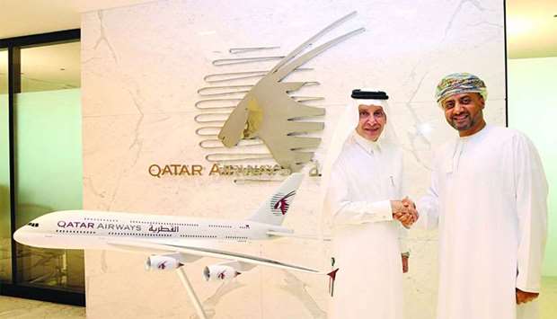 Qatar Airways Group chief executive HE Akbar al-Baker and Sabco Sports chairman Sayyid Khalid bin Hamad bin Hamoud al-Busaidi after signing the agreement.