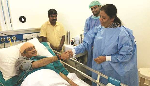 Defence Minister Nirmala Sitharaman visits Tharoor in hospital yesterday.