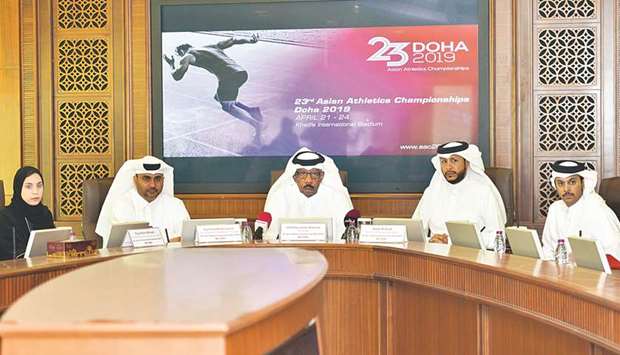 (From left) Asian Athletics Championships Doha 2019 Planning and Operation Committee director Eman al-Emadi, vice-president and director general Fahad Ebrahim Jumaa, Asian Athletics Association president and Local Organising Committee chairman Dahlan al-Hamad, Venues Committee director Salah al-Saadi, and Marketing and Communication committee head Sheikh Hamad bin Abdulaziz al-Thani address a press conference at the Qatar Olympic Committee headquarters yesterday. PICTURE: Noushad Thekkayil