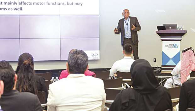 A speaker delivers lecture at an event.