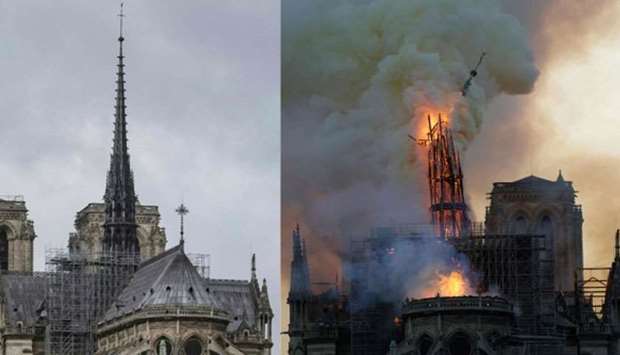 Notre-Dame Cathedral's steeple (file photo) and the same view as it is collapsing during the fire