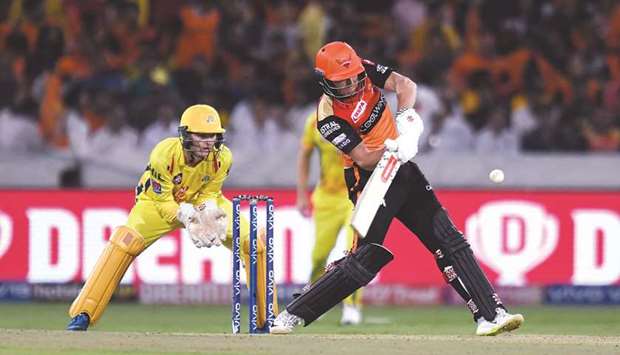Sunrisers Hyderabadu2019s Jonny Bairstow (right) plays a shot during the 2019 Indian Premier League Twenty20 match against Chennai Super Kings in Hyderabad, India, yesterday. (AFP)