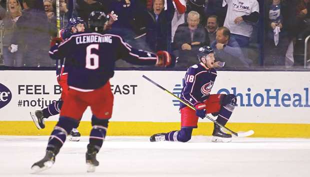 Pierre-Luc Dubois (right) of the Columbus Blue Jackets celebrates after scoring a goal against the Tampa Bay Lightning during the first period of Game Four of the Eastern Conference first round during the 2019 NHL Stanley Cup playoffs at Nationwide Arena in Columbus, Ohio. PICTURE: Getty Images/AFP
