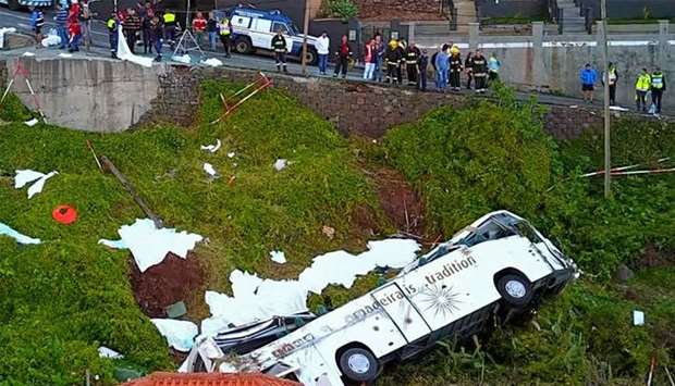 A video grab obtained from drone footage shows the wreckage of a tourist bus that crashed in Canico, on the Portuguese island of Madeira.
