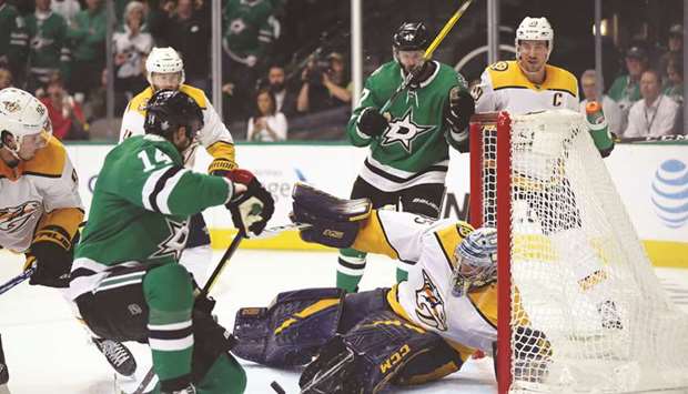 Nashville Predators goaltender Pekka Rinne (second from right) in action against Dallas Stars in Dallas, United States, on Wednesday. (AFP)
