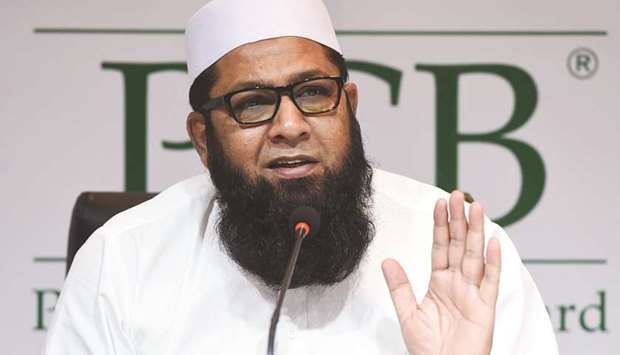 Chief selector Inzamam-ul-Haq gestures as he speaks during theannouncement of the Pakistani cricket squad in Lahore yesterday.