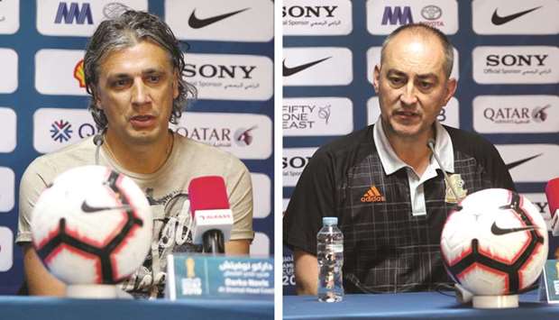 Al Shamal coach Darko Novic (L) and his Umm Salal counterpart Raul Caneda speak to reporters ahead of their Amir Cup match today.