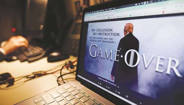 An illustration shows a Game of Thrones-styled montage from Trumpu2019s Twitter page in Washington, DC. Trump, backed by his attorney general, declared himself fully vindicated in the investigation into Russian election meddling and alleged collusion with his campaign, before the long-awaited full probe report was made public. u2018Game Over,u2019 Trump tweeted, using a Game of Thrones-style montage that pictured him standing in dramatic fog.