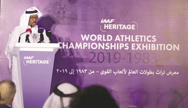 Asian Athletics Association president Dahlan al-Hamad speaks at the opening of the IAAF Heritage World Athletics Champions Exhibition in Doha on Thursday. (Karim Jaafar/IAAF)