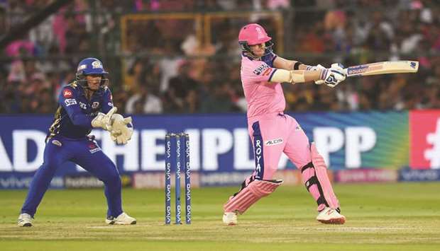 Rajasthan Royals batsman Steve Smith (right) plays a shot during the 2019 Indian Premier League match against Mumbai Indians at the Sawai Mansingh Stadium in Jaipur yesterday. (AFP)