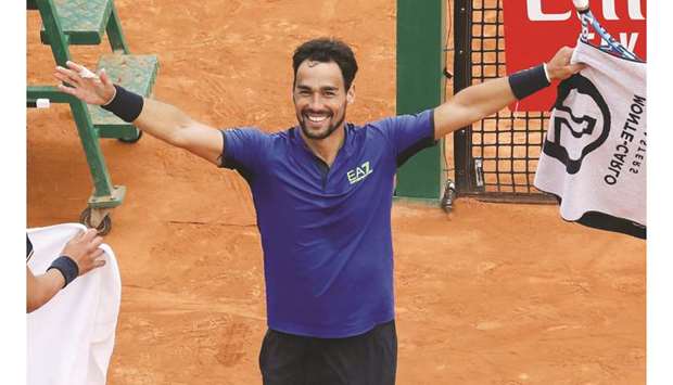 Italyu2019s Fabio Fognini celebrates after defeating Spainu2019s Rafael Nadal during the semi-final of Monte Carlo ATP Masters in Monaco yesterday. (AFP)