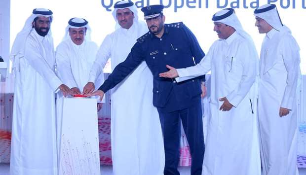 HE the Minister of Transport and Communications Jassim Saif Ahmed al-Sulaiti launches the portal together with Planning and Statistics Authority chairman Dr Saleh bin Mohamed al-Nabet and Administrative Control and Transparency Authority chairman Hamad bin Nasser bin Rashid al-Misned al-Mohannadi, as well as other dignitaries. PICTURE: Ram Chand.