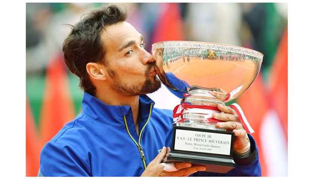 Italyu2019s Fabio Fognini kisses the trophy after winning the Monte Carlo Masters final against Serbiau2019s Dusan Lajovic in Monaco yesterday. (AFP)