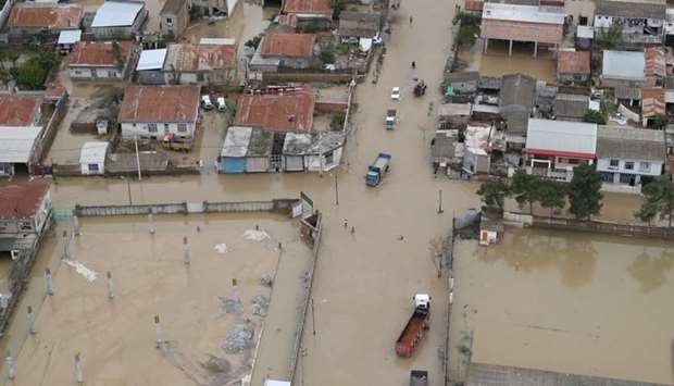 An aerial view of flooding in Golestan province, Iran March 27, 2019.