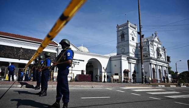 Security personnel stand guard outside St. Anthony's Shrine in Colombo. File picture, April 22, 2019