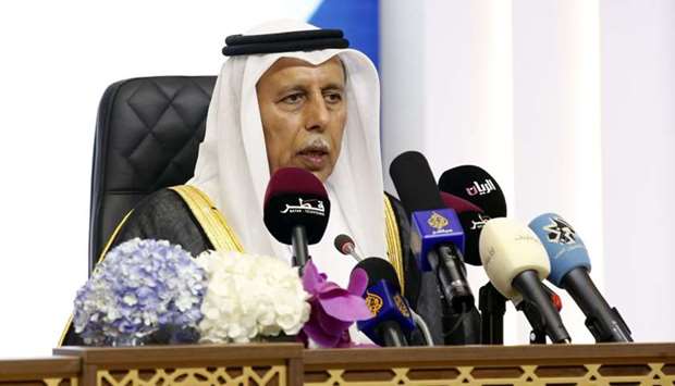 HE the Speaker of the Advisory Council Ahmed bin Abdullah bin Zaid al-Mahmoud addressing a press conference in Doha on Tuesday