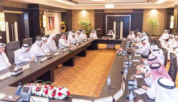 HE the Prime Minister and Minister of Interior Sheikh Abdullah bin Nasser bin Khalifa al-Thani and a number of ministers during the meeting with private sector representatives and businessmen.