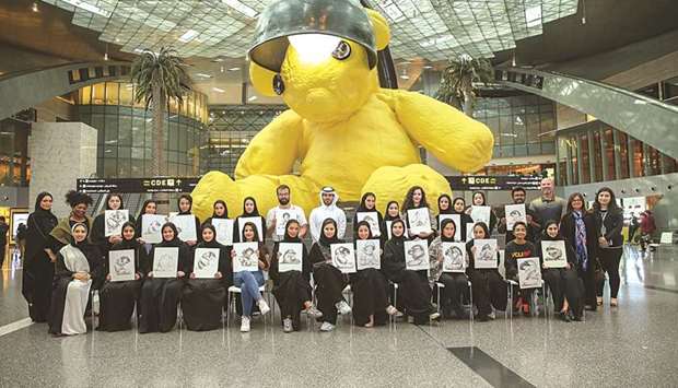 VCUarts Qatar students with officials during their participation in the World Art Day celebrations at HIA.