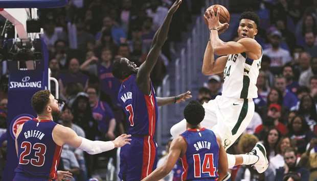Milwaukee Bucks forward Giannis Antetokounmpo looks to pass the ball in the first-half of their match against Detroit Pistons at Little Caesars Arena. PICTURE: USA TODAY Sports