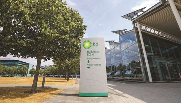 A signpost points directions to buildings at BPu2019s International Centre for Business & Technology (ICBT) in Sunbury on Thames, UK (file). In London, BP shares shot up 2.7% yesterday.